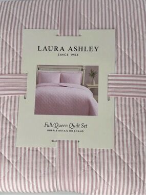 Laura Ashley ~ Full/Queen PINK Oxford Stripe Quilt/Sham Set ~ Reversible Cotton